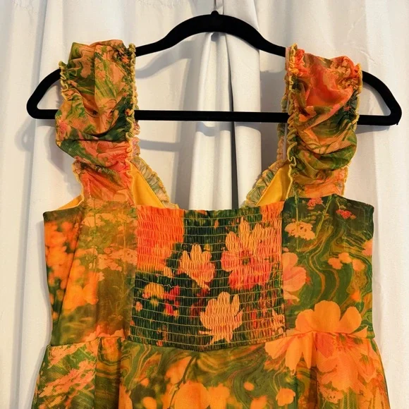 Urban Outfitters Audrey Mesh Floral Mini Dress Ruched Straps Size Large - Picture 6 of 10